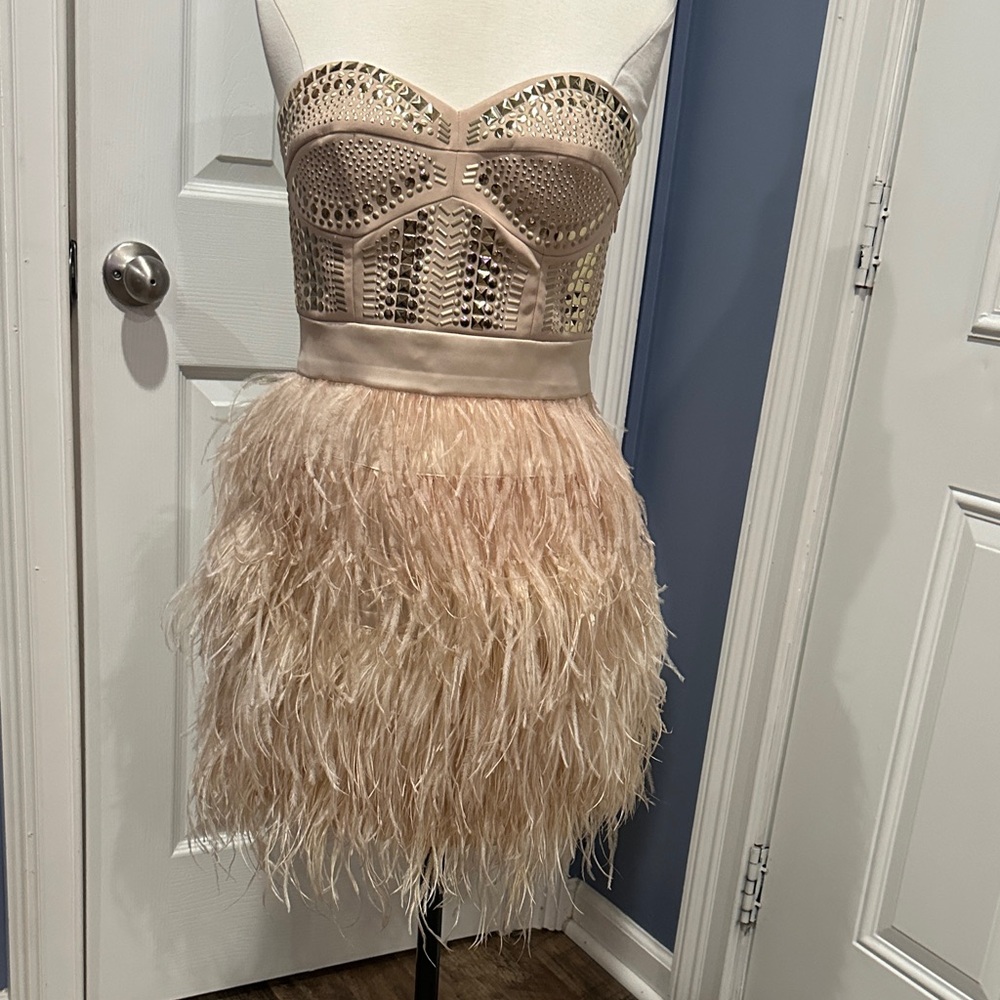 bebe Feathered Nude Beaded Strapless Mini Dress